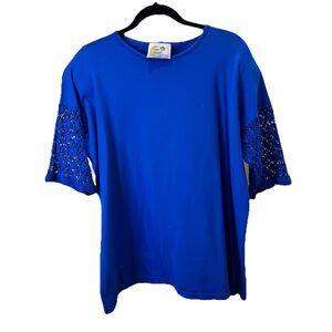 CopaCabana Blue Short Crochet Sleeves Tunic Top Beachy Coastal Womens Size 2/3XL